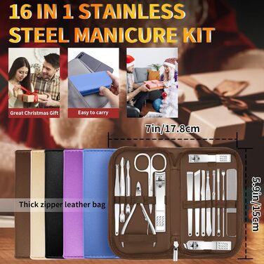 Набір для манікюру та педикюру, 16 шт. з нержавіючої сталі, професійний, з кейсом для подорожей