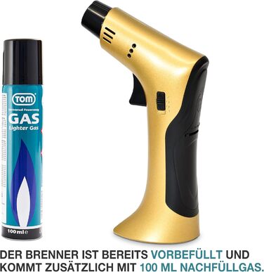 Набір кулінарного пальника TOM Jetflame (Золотий) з балоном бутану: професійний газовий пальник з замком безпеки для кухні, кемпінгу та майстерні, багаторазовий