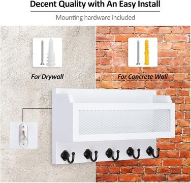 Brief and Key Holder for Wall Decoration, 27.9 cm (11 inches) Wooden Wall Key Organizer with 5 Key Hooks, Wall Mount, Storage Shelf for Entryway, Hallway (white)