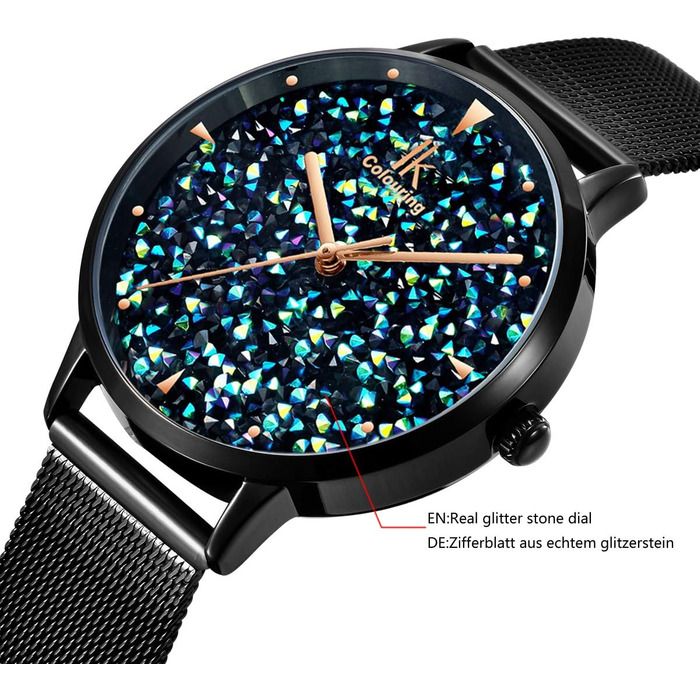 Жіночий годинник Alienwork IK Shine з блискітками та сталевим сітчастим ремінцем Mesh, чорний