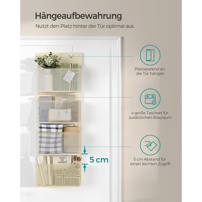 Організатор для шафи SONGMICS з 4 кишенями, настінний, для зберігання, на двері, спальня, вітальня, 2 x 33,5 x 00 см, RDH04G (1, Бежевий)