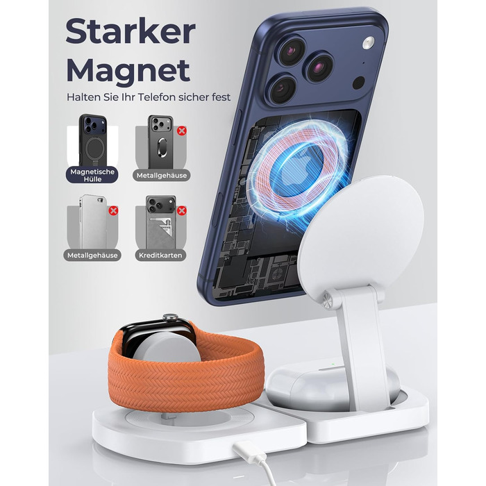 Бездротова зарядка Induktive для iPhone (MagSafe) 3-в-1: Apple Watch, AirPods, iPhone 17 Air/16/15/14/13/12 (Білий)