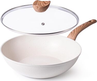Wok Nuovva з антипригарним покриттям – глибока сковорода з кришкою з термостійкого скла, 28 см, індукційне дно, кремовий граніт
