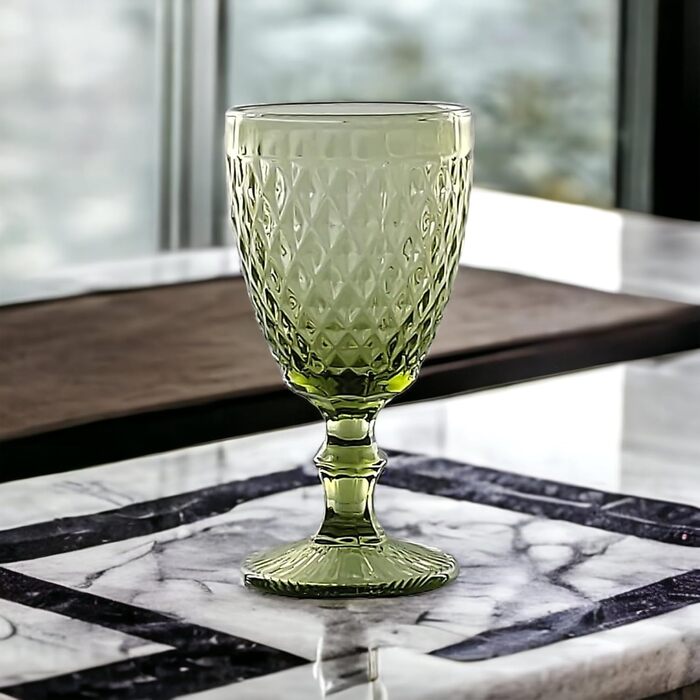 Vintage Set of 6 Colored Glasses and Tumblers with Diamond Pattern (Netz Green Wine Glass), Long Drink Glasses, Cocktail Glasses with Embossing, Glass, Tumbler, Wine Glass, Water Glass, Goblets