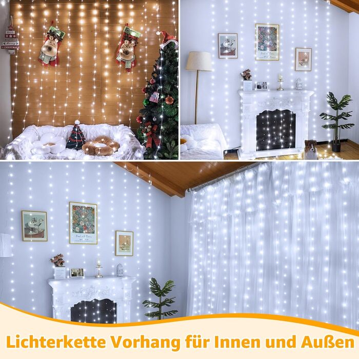 Льодосвітний штора-гірлянда для декору приміщень та вулиці, 3x3м, 300 LED, 8 режимів, IP67, пульт, таймер, димування, для декору на Різдво, двері, стіни, вечірки, вікна, балкон (тепле біле світло)