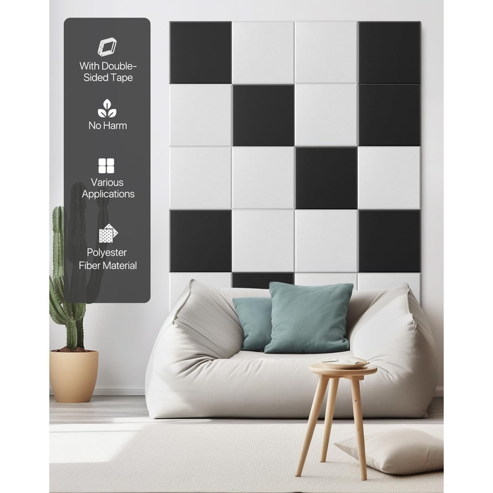 Акустичні панелі для шумоізоляції стін самоклеючі, квадратні звукопоглинаючі плити високої щільності, 30x30x0.9 см, чорні, 12 шт.
