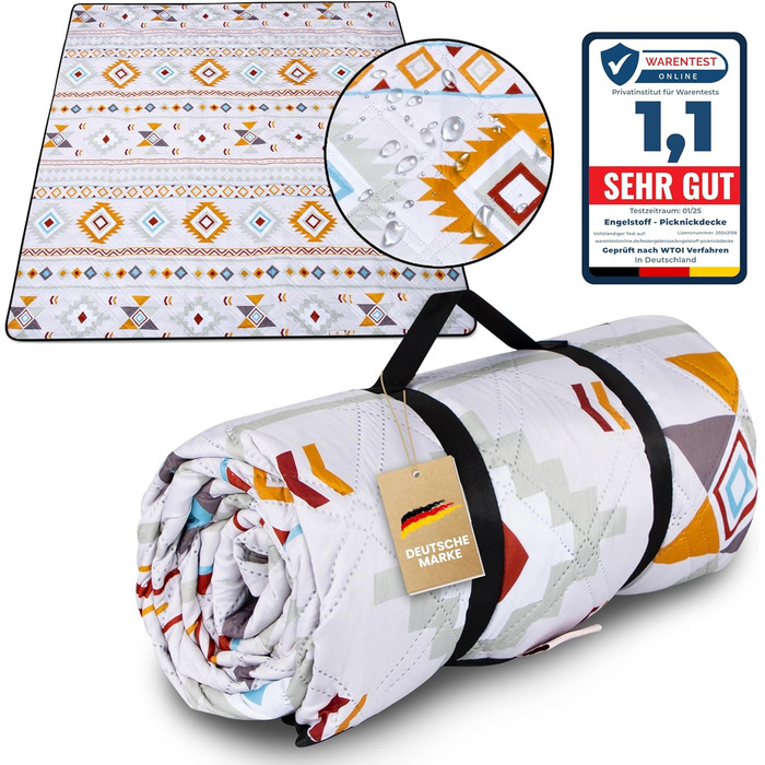 Engelstoff® Waterproof Picnic Blanket - Boho Blanket 200x200 cm - XXL Beach Blanket - Waterproof Blanket for Outdoor Use, Insulated, for Swimming Pools, Beach, Park, Travel, Hiking, Playground, Camping including e-Book