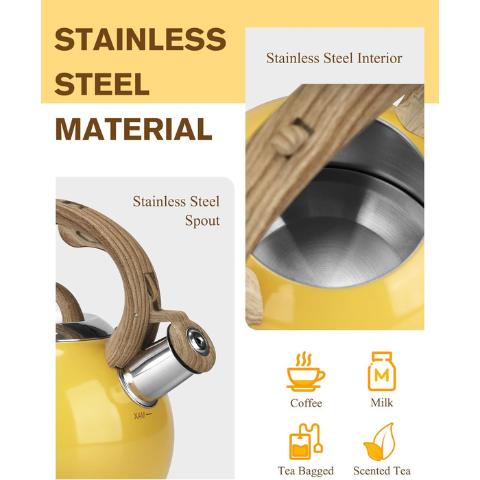 Чайник Teekessel 2.1 л з плитою, чайник з нержавіючої сталі з дерев'ястим малюнком, складаний ручка, підходить для всіх типів плит (Слонова кістка) (Жовтий)