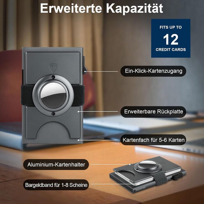 Чоловічий гаманець TOYFID з відділом для AirTag, 12 слотів для карток, відділення для паперових грошей, RFID захист, швидкодіюча кнопка виштовхування, алюміній, сірий
