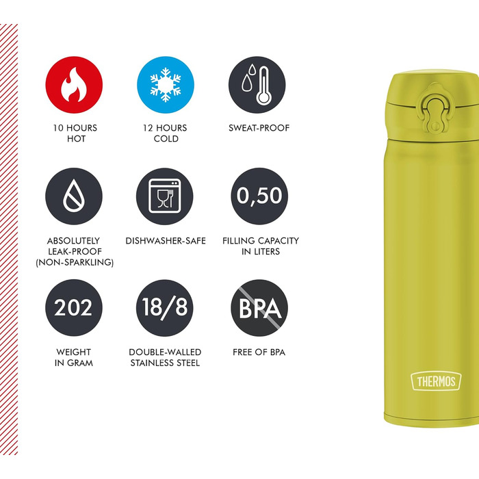 Термос THERMOS Ultralight 0,5 л, нержавіюча сталь, зберігає тепло 10 год, холод 20 год, герметичний, для води, чаю, 500 мл