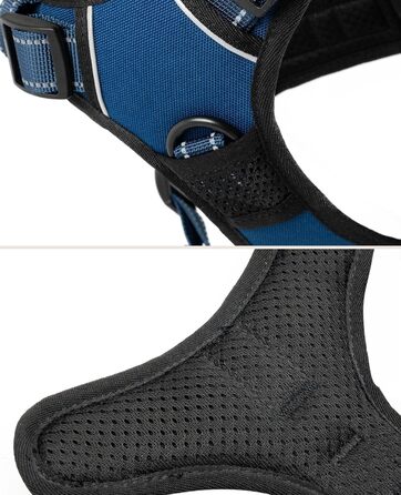 Нашийник для собак Lionto з м'якого нейлону, великий розмір, з відбиваючими елементами, анти-тяга, з 2 кільцями та 4 ремінцями, з двома застібками-кліпсами та гумовою ручкою (XL, блакитний)