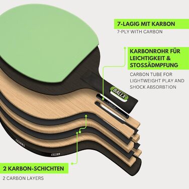 BallX Pro Carbon Table Tennis Paddle - 7-ply Blade - 2.0mm Sponge Cushion - Two different 5-Star Rubber Surfaces (Black & Green) - Includes Paddle Bag - AeroSpin 6000 Carbon
