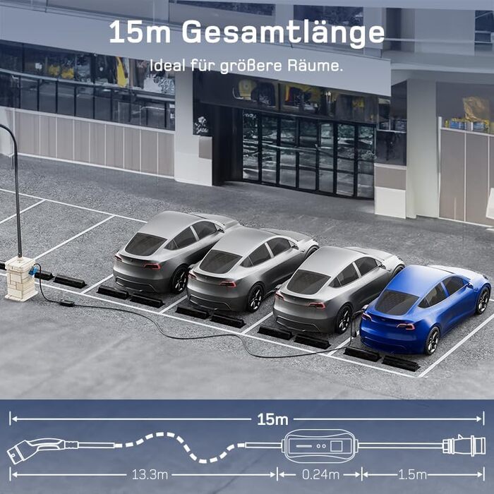 Мобільна зарядна станція (Wallbox) 11 кВт, 3-фазна, 7м, 6-16A з регульованою потужністю, кабель CEE 16A на Typ 2, для електромобілів Model Y/3, ID.3/4/5, MG4, EX30, e-up, e-tron, Zoe та інших EV (CEE 7 кВт, 15м)