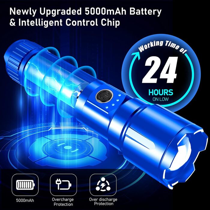 Ліхтарик Blukar LED акумуляторний, надзвичайно яскравий, з регулюванням фокусу, 5 режимів, водонепроникний IP67, для кемпінгу, туризму, риболовлі та надзвичайних ситуацій (Блакитний)