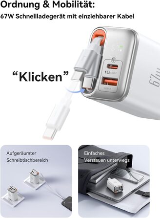 Мсдодо зарядний пристрій USB-C 67W з висувним кабелем, мережевий адаптер, зарядка GaN 3-Port з LED дисплеєм для iPhone, Galaxy, MacBook Pro, iPad