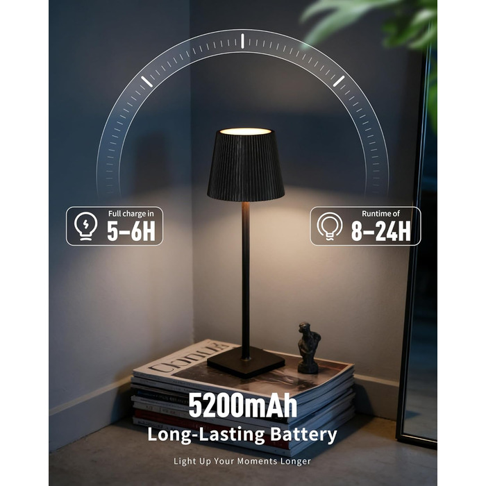 Світлодіодна настільна лампа бездротова LED для вулиці та дому, димована, з акумулятором 5200mAh, водонепроникна IP54, чорна