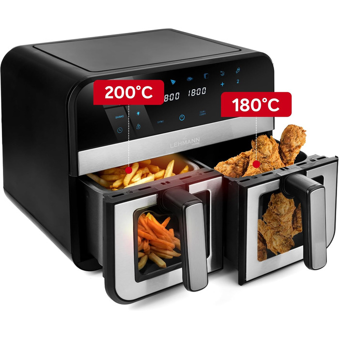 Фритюрниця повітряна LEHMANN з 2 камерами, 9л, 2400 Вт, AirFryer XXL з 12 програмами, до 200°C, WiFi, без олії, з технологією Air Fry – гриль, випічка, ферментація, дегідратація