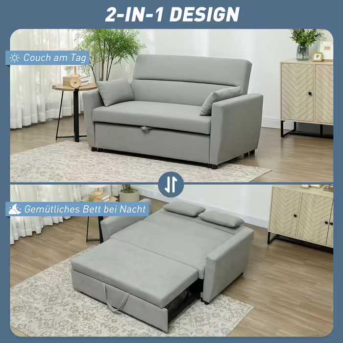 HOMCOM Sleeper Sofa, 2-Seater Sofa Bed with Sleeping Function, Adjustable Backrest, Couch with Cushions, Velvet Look, Sleeper Sofa with Storage Box for Living Room, Guest Room, Light Grey | Aosom