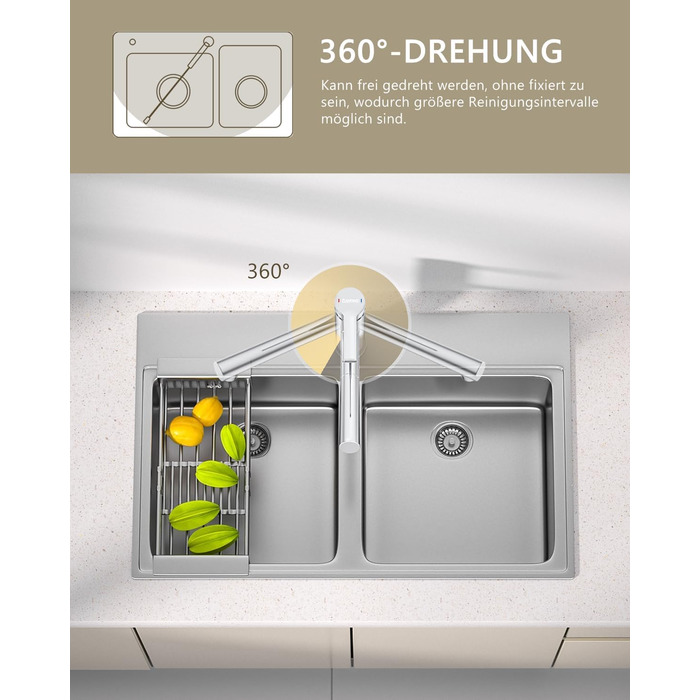 Змішувач кухонний DAYONE з висувною лійкою, нержавіюча сталь, 3 режими, 360° обертання, для кухонної мийки (15 см), матовий (хром, низький вигин-337)