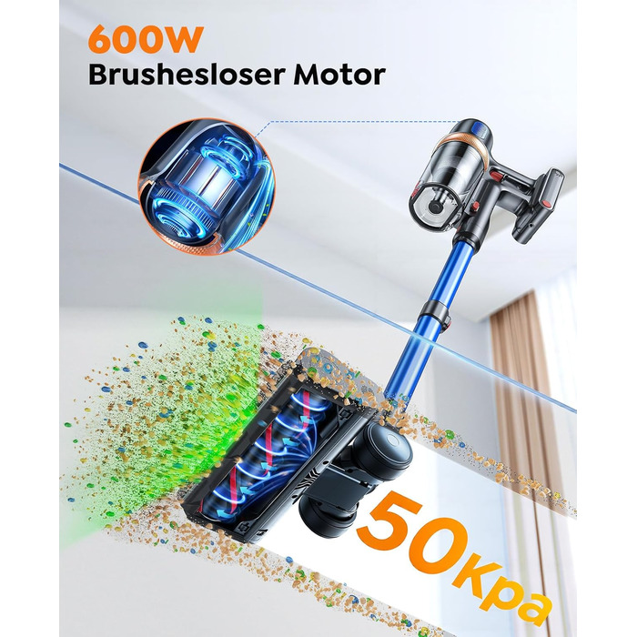 Бездротовий акумуляторний пилосос 600W/50KPA/65хв з док-станцією, для дому та авто, блакитний