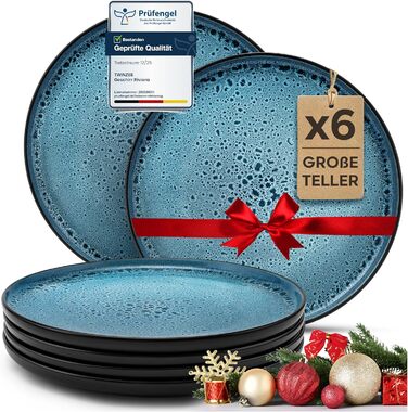 Набір посуду Twinzee Steingut 24 елементи (6 персон) - тарілки та миски, Tafelservice, з каменю, колекція Riviera (Азур, великі тарілки (x6))