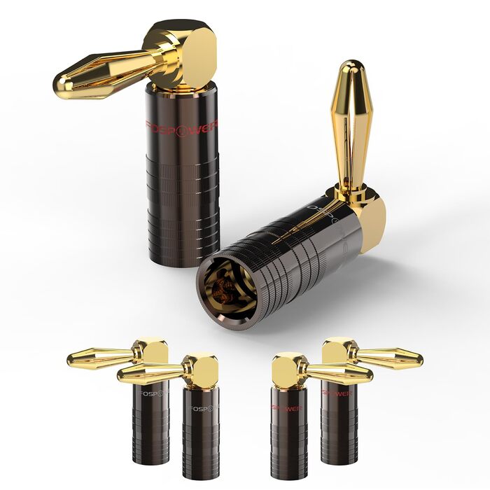 Позолочені кутові бананові роз'єми FosPower для акустичних кабелів, Hi-Fi підсилювачів та домашнього кінотеатру, з подвійними фіксаційними гвинтами (12 шт / 6 пар)