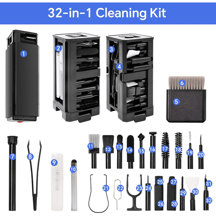 Набір для чищення електроніки 32 в 1 з щіткою. Багатофункціональне приладдя для Airpods, клавіатур, ноутбуків, телефонів, навушників (чорний)