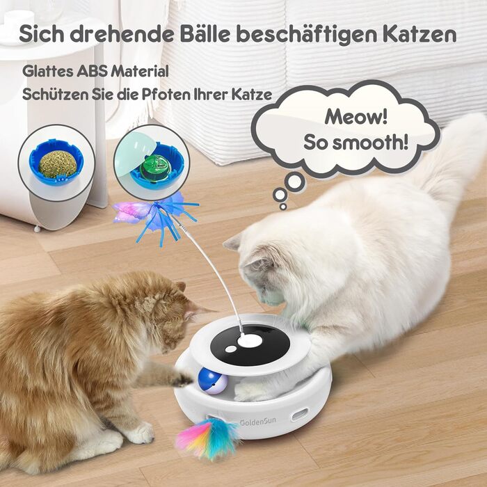 GoldenSun Cat Toy, 3-in-1 Electric Interactive Automatic Toy for Cats, Whack-A-Mole, Fluttering Butterfly, Includes Ball, USB Rechargeable Cat Teaser with 6 Attachments