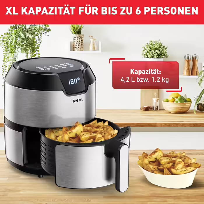 Tefal EY401D Hot Air Fryer Easy Fry Deluxe XL | Air Fryer | 1500 W | 4.2 L for 6 servings | 8 automatic programs | Digital display | energy-saving | healthy fryer without oil | stainless steel