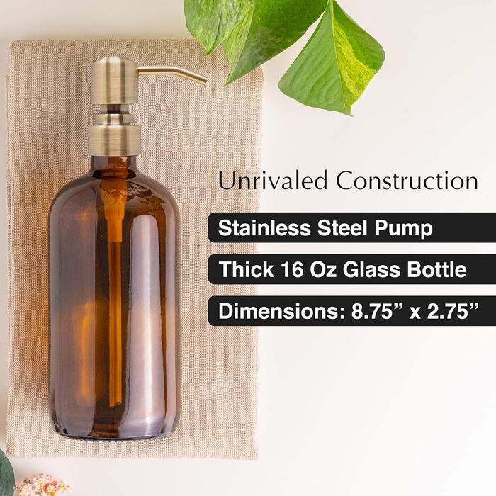 Vine Creations, 2-Pack Soap Dispenser Set for Kitchen with Stainless Steel Pump, Amber Glass, 475ml, Hand Soap Dispenser for Bathroom, Dish Soap Dispenser for Kitchen with Waterproof Labels