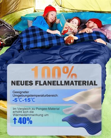 Спальний мішок для двох осіб з фланелі, 220 x 160 см, Outdoor, з двома подушками та сумкою для перенесення, блакитний