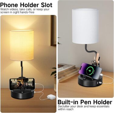 LED настільна лампа OUTON 2 шт. з USB-A та USB-C, сенсорне регулювання, тепле світло 2700K, підставка для телефону та ручок, сучасна керамічна лампа для спальні, вітальні, офісу (чорний)