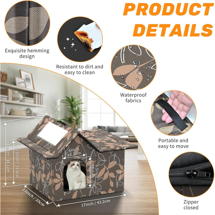 Кіт-будинок для вулиці, зимостійкий, знімні подушки, захист від холоду для котів, легко збирається, зелений (коричневий), 33 x 38 x 43 см