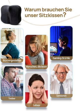 Подушка для сидіння Travel Ease з гелевою пам'яттю, преміум-якість, для офісного крісла, автокрісла, геймінгового крісла (Чорний, Memory Foam)