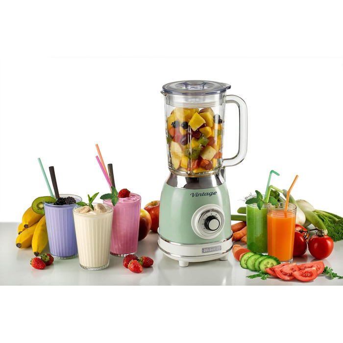 Vintage Ariete 583 Glass Mixer, Retro Multi-Function Blender with 4 Blades, 4 Speeds + Pulse Function, Ice-Crusher Function, 1.5 Liter Capacity, 1000W, Green Green Single