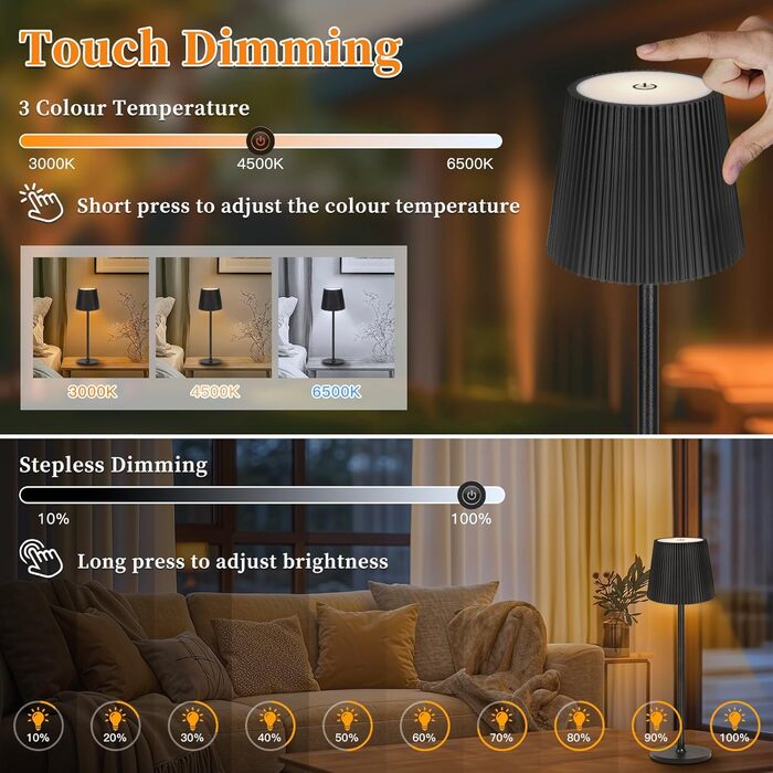 LED-лампа настільна бездротова диммируемая чорна з USB-C, сенсорна лампа з 3 колірними температурами, плавною регулюванням яскравості, регульованою висотою, IP54 вологостійка для внутрішнього/зовнішнього використання, чорна (нова версія)