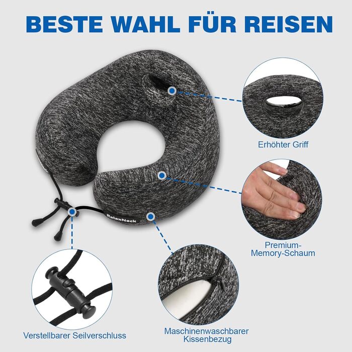 Подушка для шиї у вигляді U, Memory Foam, для подорожей, дорослі, ергономічна, з чохлом, для автомобіля, офісу, поїздки, сірого кольору