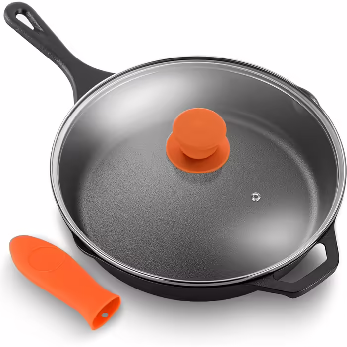 NutriChef Frying Pan with Lid, 30cm - Frying Pan - with Ergonomic Silicone Handle & High Rim, Pan made of Cast Iron, Non-Stick Coated, for Induction, Ceramic, Gas & Electric, PFOA & PFOS-Free 30cm Frying Pan