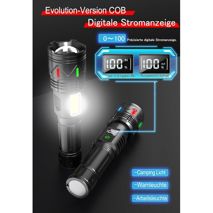 Повторно заряджувана тактична ліхтарик з USB, Zoom, IP67, 11 режимів, 26650 акумулятор для дому, відпочинку, надзвичайних ситуацій та патрулювання