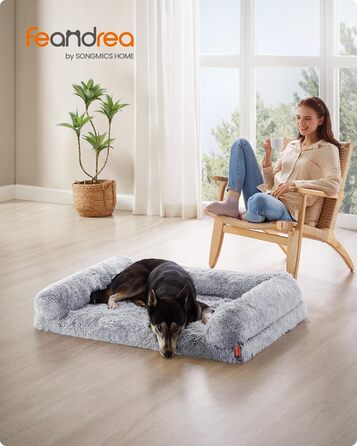 Feandrea FluffyHug Dog Bed, XL Size Dog Cushion, Dog Mat for Medium and Large Dogs, Dog Sofa with Plush Foam, Removable and Washable Cover, 106 x 80 x 23 cm, Ombré Grey PGW233G01