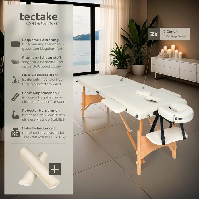 Масажний стіл Tectake® складний з 2 зонами, портативний з 5 см підкладкою, регульована висота, мобільний, з дерев'яними ніжками та аксесуарами (з масажними роликами, бежевий)