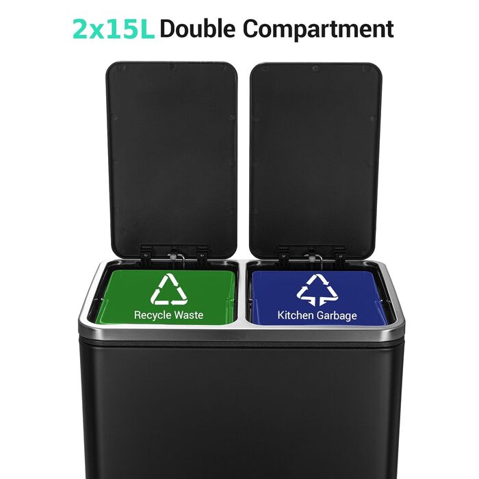 Відро для сміття LIFERUN з двома відсіками, 2 x 15 літрів, металеве, з м'яким закриттям кришки, знімний внутрішній відро, ручки, відро з педаллю, для квартири, маленької сім'ї (Чорний)
