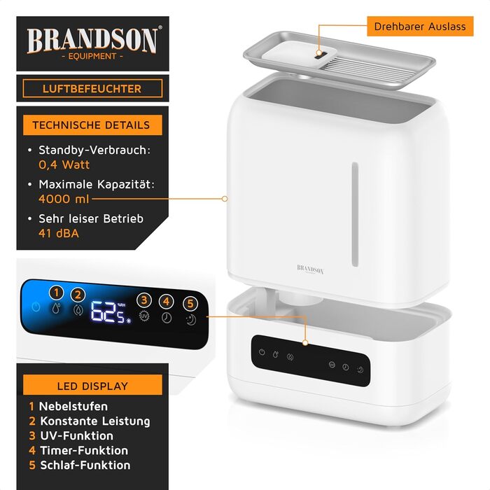 Зволожувач повітря Brandson 4 л з пульт дистанційного керування, ультразвуковий, LED-дисплей, 3 режими, аромадифузор, функція дезінфекції, нічний режим, для спальні та дитячої кімнати