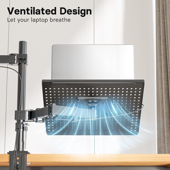 Кріплення для монітора Redbat з відділенням для ноутбука, Dual Screens, повністю регульоване для LCD LED екранів 13-32 дюймів до 8 кг та ноутбуків до 16 дюймів, нахил, поворот та обертання, 2 способи кріплення