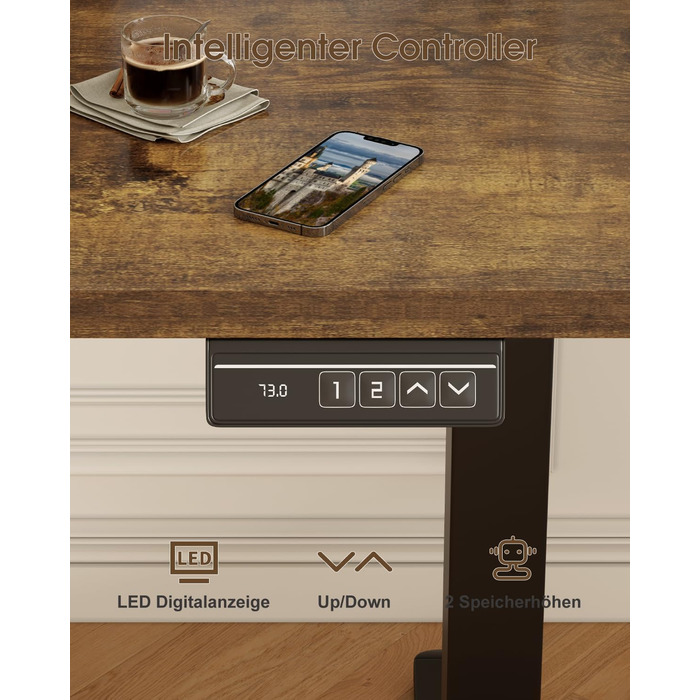 Devoko Electric Standing Desk 160x70cm with Monitor Stand, Memory Height Adjustment, Ergonomic Sit-Stand Desk (120x60cm, Vintage Brown)