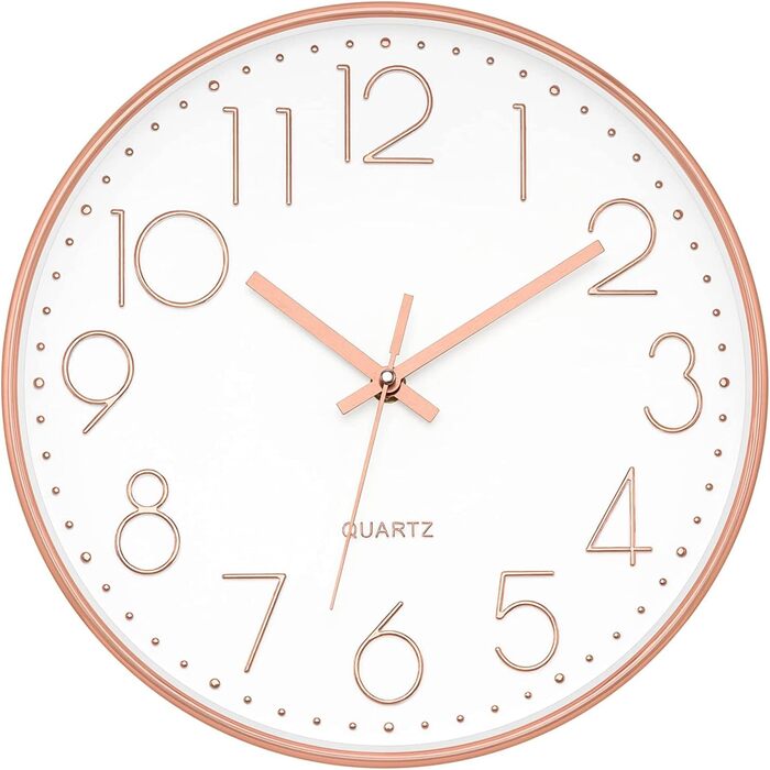 Foxtop Wall Clock Radio-Controlled Wall Clock 30 cm Silent & No Ticking Large Dial Analog without Ticking For Kitchen, Living Room, Bathroom DCF Radio Signal Modern Design White-Gray (White-Rose Gold)