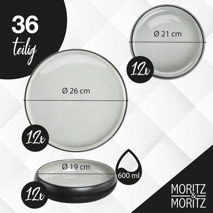 Moritz & Moritz SOLID UNI Dinnerware Set for 12 People Grey, 36-Piece - Modern Stoneware Dinner Set - Microwave & Dishwasher Safe, Dinnerware, Tableware, Combination Service for 12 People Grey Dinnerware Set (12 pcs)