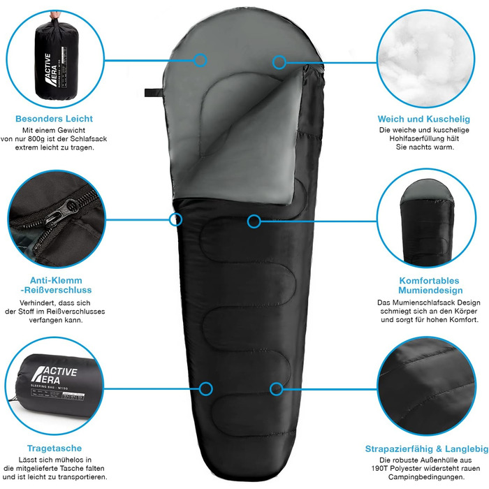 Сплячий мішок Active Era Mumienschlafsack – зимовий та літній, водонепроникний, захист від вітру, ультралегкий, температурний режим -10°C до 10°C, компактний, для кемпінгу, чорний