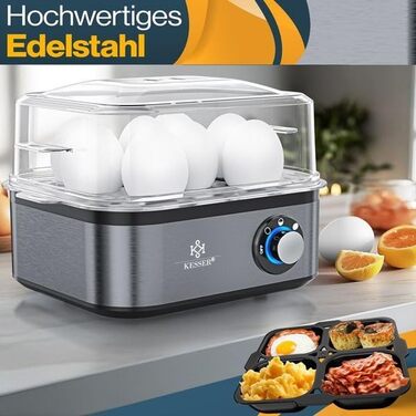 Електричний яйцеварка KESSER® на 1-8 яєць з нержавіючої сталі, 500W, з функцією підігріву, LED-регулятор, 3 ступені нагріву, BPA-Free, придатний для миття в посудомийній машині, мірний стакан, тримачі для яєць та форма для омлету, колір: антрацит