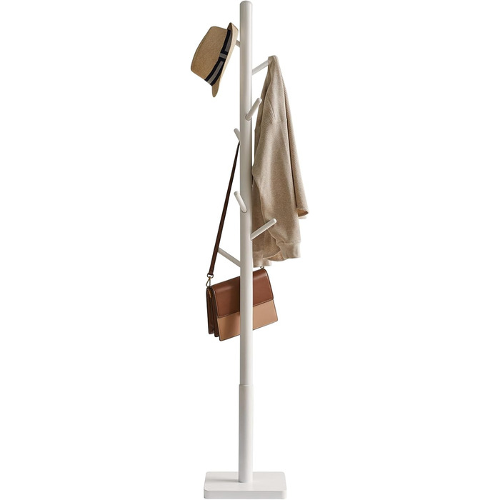 YMYNY Solid Wood Wardrobe Rack, Thickened Square Base, Tree-Shaped Clothes Rack, 3 Adjustable Heights, 8 Hooks, Freestanding, Sturdy, for Bag, Clothing, Living Room, White HCR002W